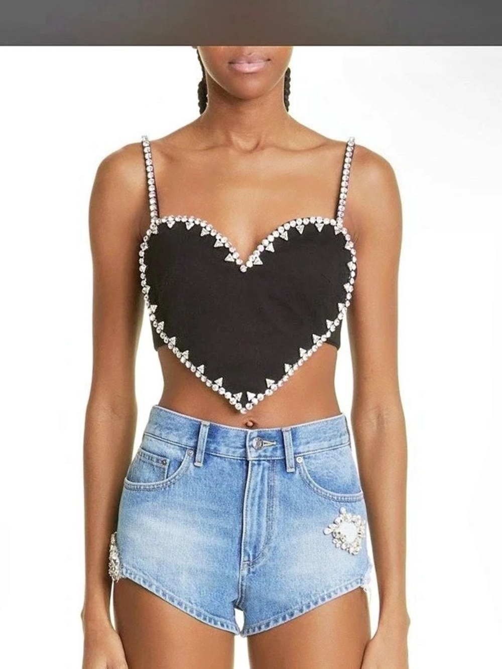 AREA Crystal Trim Heart Top Black